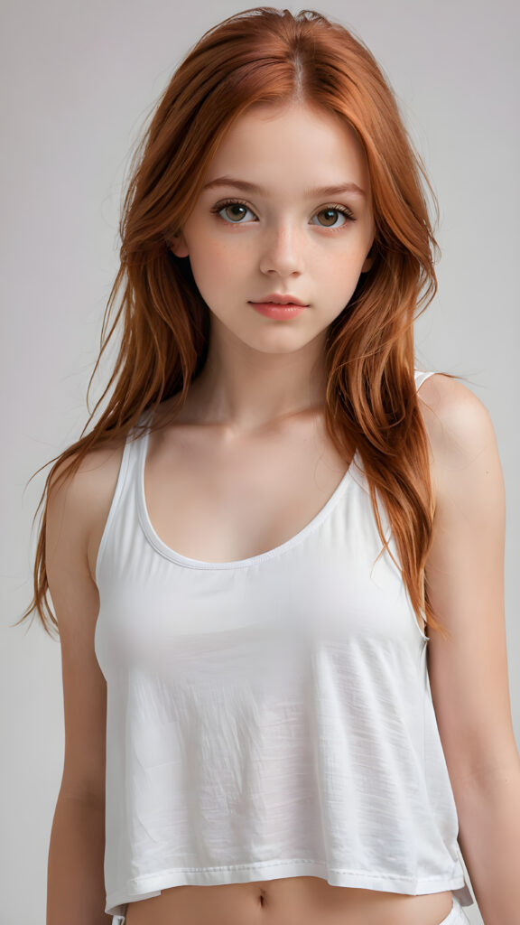 detailed and super realistic photo from the most enchanting and fascinating teen model girl, 13 years old, with ((long, straight soft auburn red hair)) and ((realistic amber eyes)), the hair covers her forehead, she is wearing a ((thin short crop white tank top)) which emphasizes her perfectly formed body, she looks seductively at the viewer and has beautiful lips ((minimal backdrop))