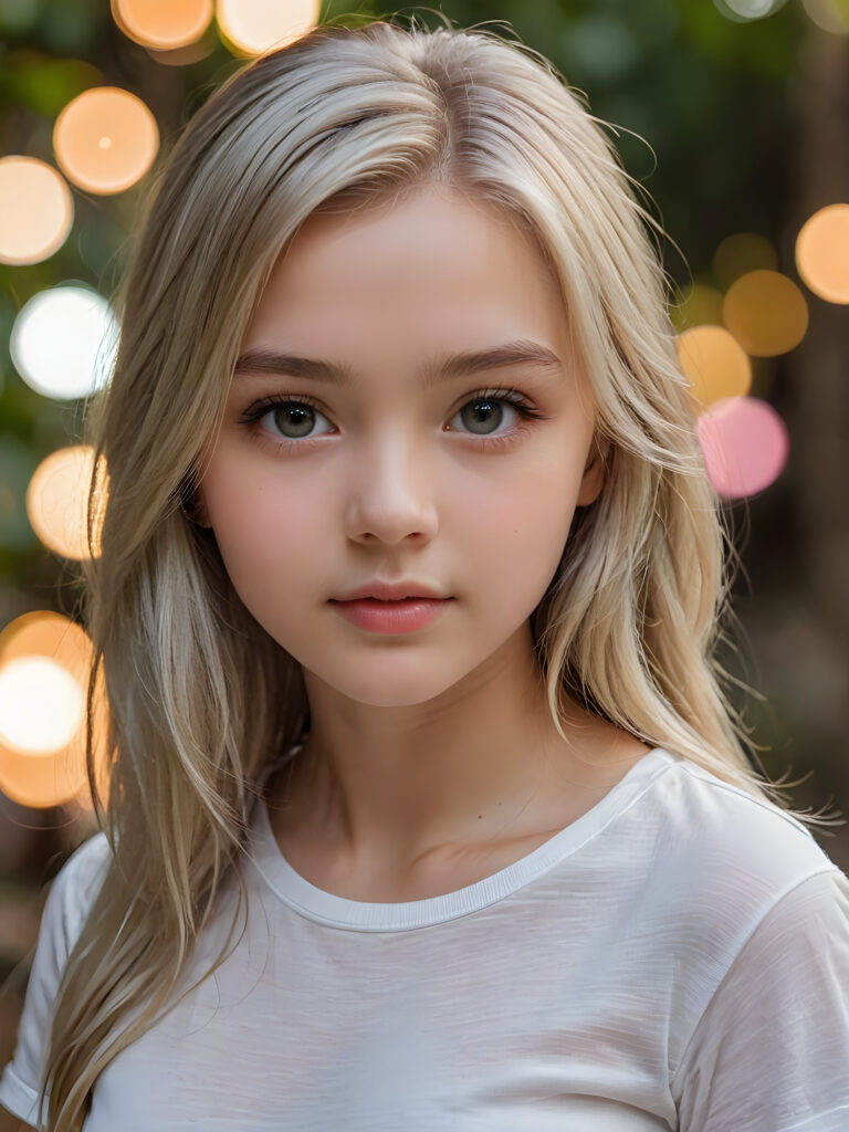 detailed and super realistic photo from the most enchanting and fascinating teen girl, 13 years old, with long, straight soft platinum hair and realistic eyes. The hair covers her forehead. She is wearing a thin short white t-shirt which emphasizes her perfectly formed body, she looks seductively at the viewer and has beautiful lips