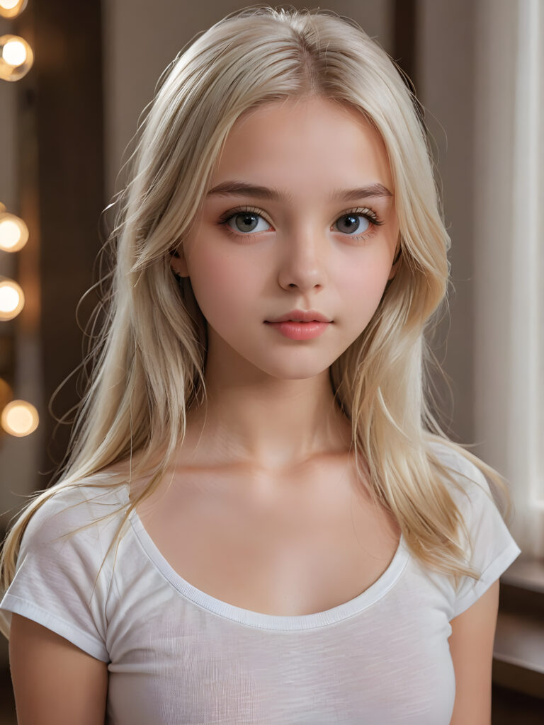 detailed and super realistic photo from the most enchanting and fascinating teen girl, 13 years old, with long, straight soft platinum hair and realistic eyes. The hair covers her forehead. She is wearing a thin short white t-shirt which emphasizes her perfectly formed body, she looks seductively at the viewer and has beautiful lips