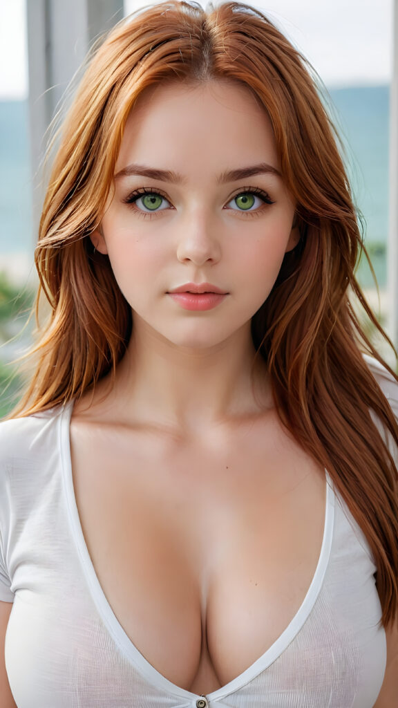 detailed and super realistic photo from the most enchanting and fascinating ((busty)) teen girl, with long, straight soft auburn-red hair and light green eyes, the hair covers her forehead, she is wearing a thin short white t-shirt ((deep v-neck)) which emphasizes her perfectly formed body, she looks seductively at the viewer and has kissable lips, natural backdrop