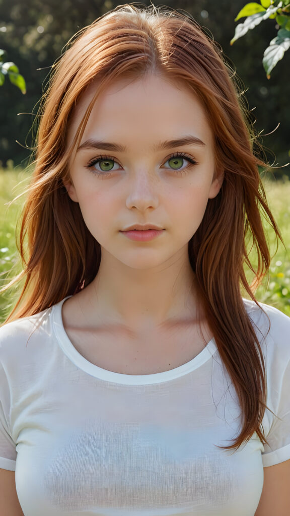 detailed and super realistic photo from the most enchanting and fascinating teen girl, with long, straight soft auburn-red hair and light green eyes, the hair covers her forehead, she is wearing a thin short white t-shirt which emphasizes her perfectly formed body, she looks seductively at the viewer and has kissable lips, natural backdrop