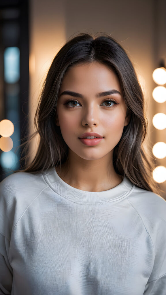 detailed and super realistic photo from a young, beautiful girl with silky, smooth, shiny ash grey straight hair, beautiful deep black eyes, perfectly smooth flawless skin. She has full, plump kissable lips and a slightly open mouth with white teeth. She wears a tight, white plain sweatshirt, which emphasizes her perfectly shaped body.