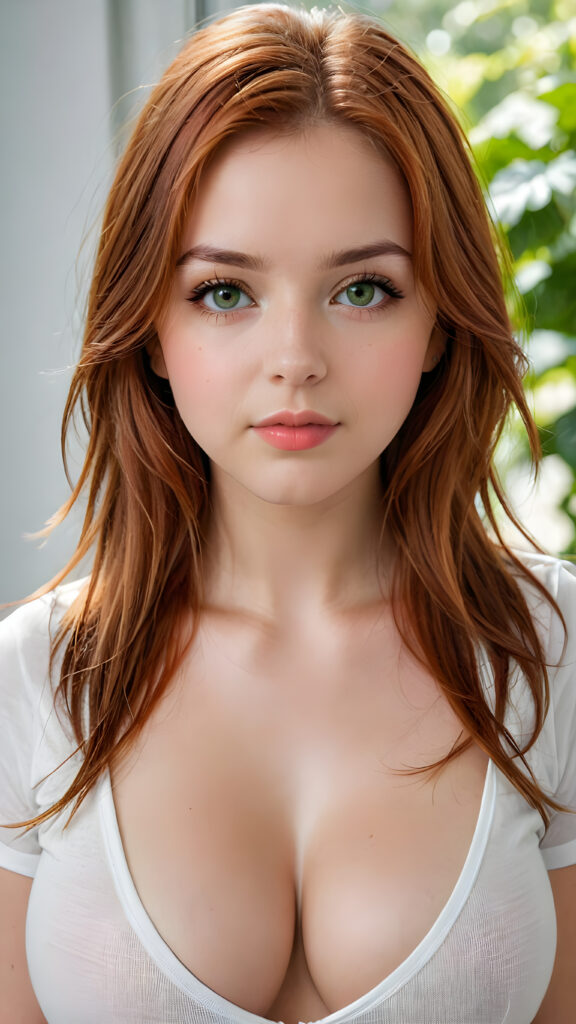 detailed and super realistic photo from the most enchanting and fascinating ((busty)) teen girl, with long, straight soft auburn-red hair and light green eyes, the hair covers her forehead, she is wearing a thin short white t-shirt ((deep v-neck)) which emphasizes her perfectly formed body, she looks seductively at the viewer and has kissable lips, natural backdrop