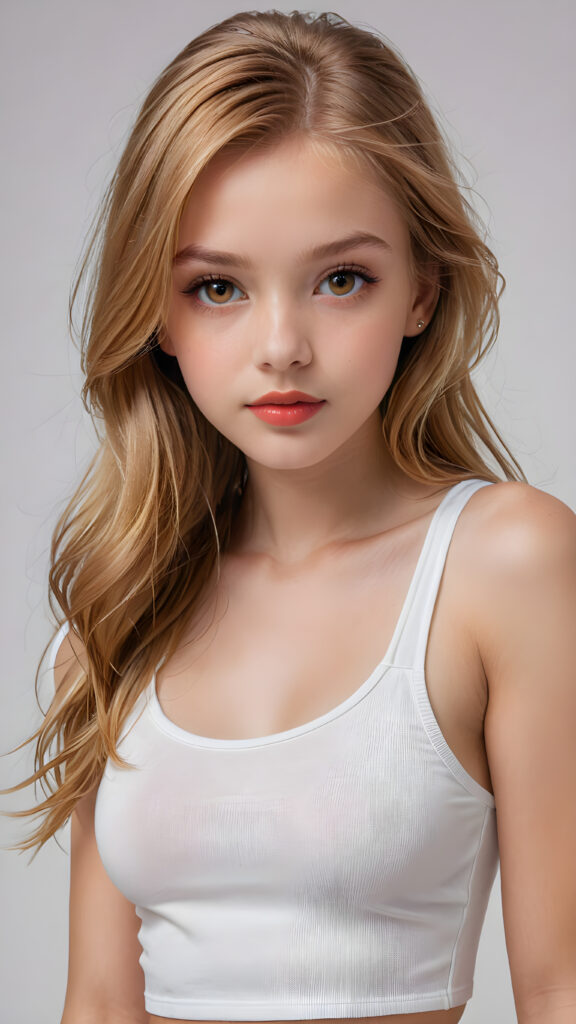 detailed and super realistic photo from the most enchanting and fascinating teen model girl, 13 years old, with ((long, straight soft copper blonde hair)) and ((realistic amber eyes)), the hair covers her forehead, she is wearing a ((thin short crop white tank top)) which emphasizes her perfectly formed body, she looks seductively at the viewer and has beautiful (red lips) ((minimal backdrop))