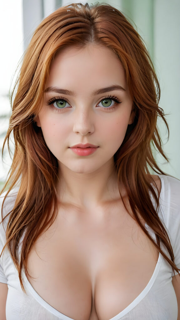 detailed and super realistic photo from the most enchanting and fascinating ((busty)) teen girl, with long, straight soft auburn-red hair and light green eyes, the hair covers her forehead, she is wearing a thin short white t-shirt ((deep v-neck)) which emphasizes her perfectly formed body, she looks seductively at the viewer and has kissable lips, natural backdrop