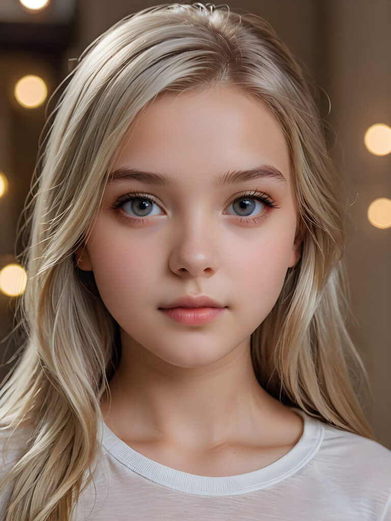 detailed and super realistic photo from the most enchanting and fascinating teen girl, 13 years old, with long, straight soft platinum hair and realistic eyes. The hair covers her forehead. She is wearing a thin short white t-shirt which emphasizes her perfectly formed body, she looks seductively at the viewer and has beautiful lips