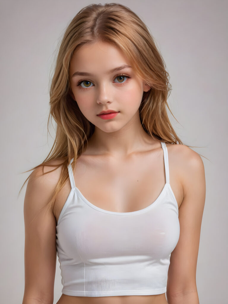 detailed and super realistic photo from the most enchanting and fascinating teen model girl, 13 years old, with ((long, straight soft copper blonde hair)) and ((realistic amber eyes)), the hair covers her forehead, she is wearing a ((thin short crop white tank top)) which emphasizes her perfectly formed body, she looks seductively at the viewer and has beautiful (red lips) ((minimal backdrop))