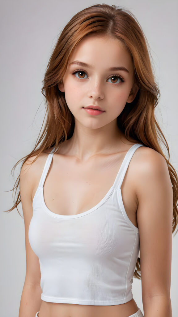 detailed and super realistic photo from the most enchanting and fascinating teen model girl, 13 years old, with ((long, straight soft auburn hair)) and ((realistic amber eyes)), the hair covers her forehead, she is wearing a ((thin short crop white tank top)) which emphasizes her perfectly formed body, she looks seductively at the viewer and has beautiful lips ((minimal backdrop))