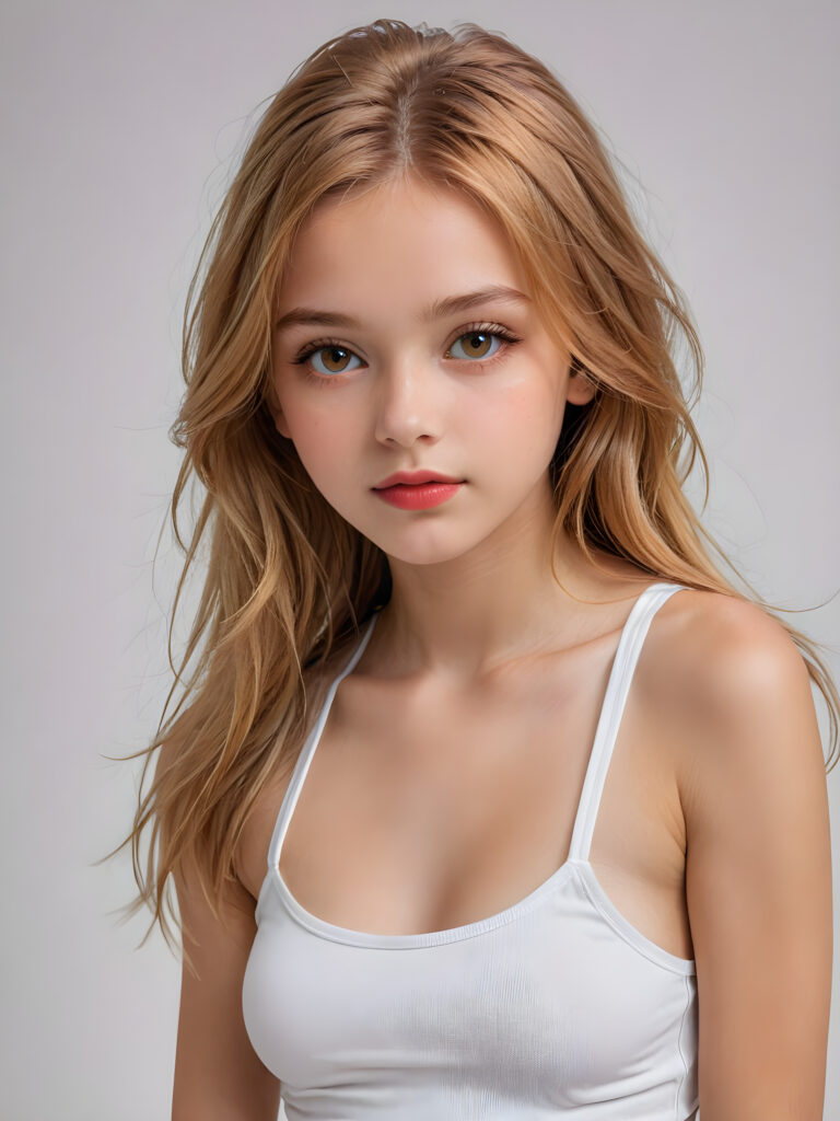 detailed and super realistic photo from the most enchanting and fascinating teen model girl, 13 years old, with ((long, straight soft copper blonde hair)) and ((realistic amber eyes)), the hair covers her forehead, she is wearing a ((thin short crop white tank top)) which emphasizes her perfectly formed body, she looks seductively at the viewer and has beautiful (red lips) ((minimal backdrop))