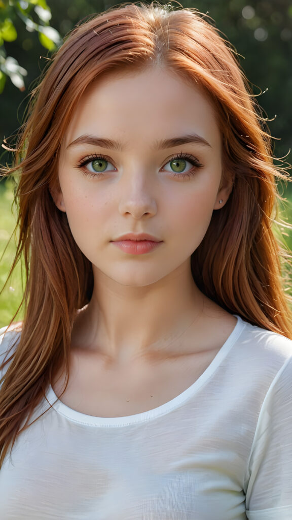 detailed and super realistic photo from the most enchanting and fascinating teen girl, with long, straight soft auburn-red hair and light green eyes, the hair covers her forehead, she is wearing a thin short white t-shirt which emphasizes her perfectly formed body, she looks seductively at the viewer and has kissable lips, natural backdrop