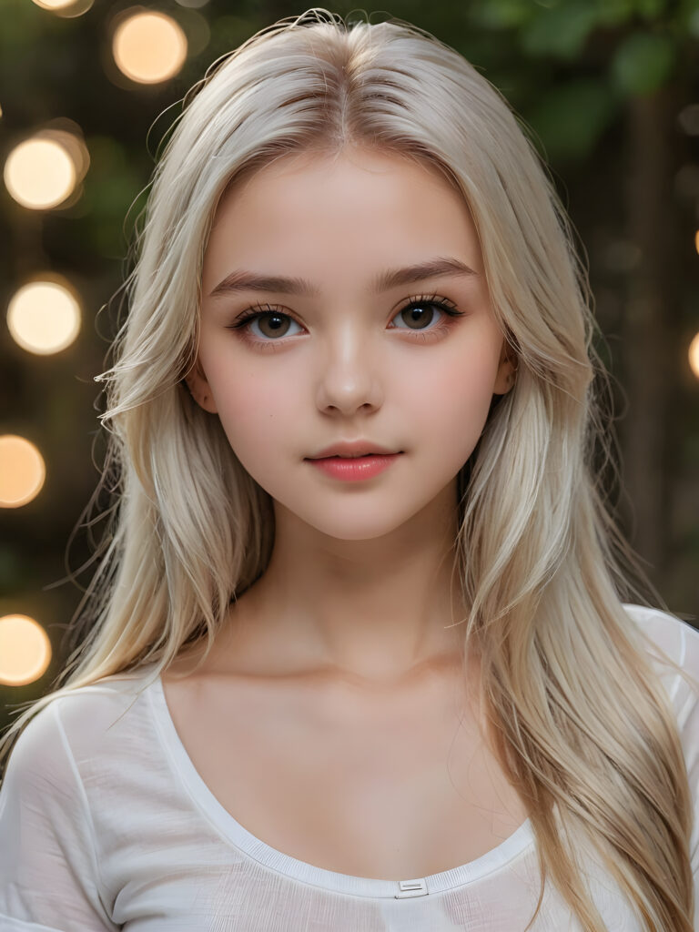 detailed and super realistic photo from the most enchanting and fascinating teen girl, 17 years old, with long, straight soft platinum hair. The hair covers her forehead. She is wearing a thin short white t-shirt which emphasizes her perfectly formed body, she looks seductively at the viewer and has kissable lips