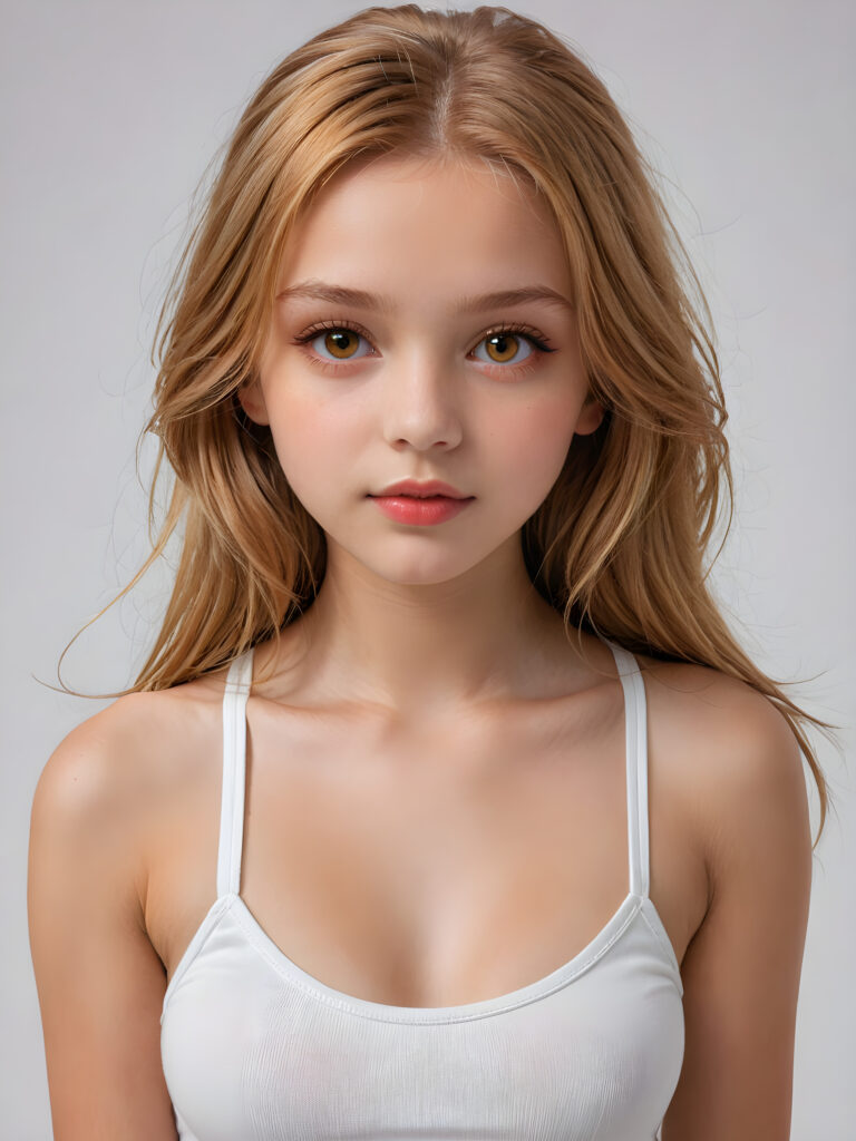 detailed and super realistic photo from the most enchanting and fascinating teen model girl, 13 years old, with ((long, straight soft copper blonde hair)) and ((realistic amber eyes)), the hair covers her forehead, she is wearing a ((thin short crop white tank top)) which emphasizes her perfectly formed body, she looks seductively at the viewer and has beautiful (red lips) ((minimal backdrop))