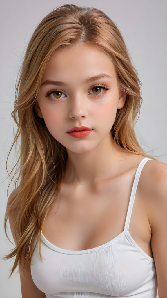 detailed and super realistic photo from the most enchanting and fascinating teen model girl, 13 years old, with ((long, straight soft copper blonde hair)) and ((realistic amber eyes)), the hair covers her forehead, she is wearing a ((thin short crop white tank top)) which emphasizes her perfectly formed body, she looks seductively at the viewer and has beautiful (red lips) ((minimal backdrop))