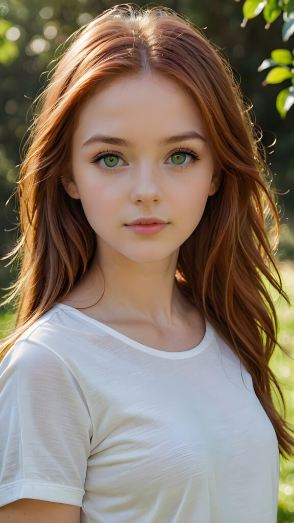 detailed and super realistic photo from the most enchanting and fascinating teen girl, with long, straight soft auburn-red hair and light green eyes, the hair covers her forehead, she is wearing a thin short white t-shirt which emphasizes her perfectly formed body, she looks seductively at the viewer and has kissable lips, natural backdrop