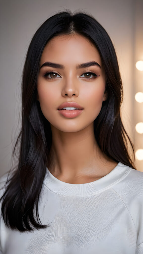 detailed and super realistic photo from a young, beautiful young model girl with silky, smooth, shiny long straight soft obsidian black straight hair, beautiful deep black eyes, perfectly smooth flawless skin. She has full, plump kissable lips and a slightly open mouth with white teeth. She wears a tight, white plain sweatshirt, which emphasizes her perfectly shaped body, against a empty backdrop