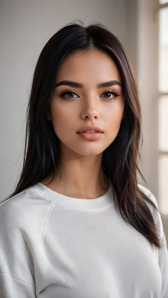 detailed and super realistic photo from a sad, young, beautiful young model girl with silky, smooth, shiny long straight soft obsidian black straight hair, beautiful deep black eyes, perfectly smooth flawless skin. She has full, plump kissable lips and a slightly open mouth with white teeth. She wears a tight, white plain sweatshirt, which emphasizes her perfectly shaped body, against a empty backdrop