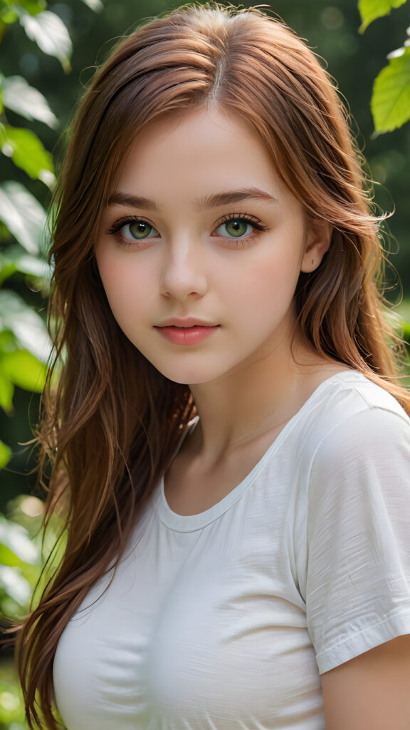 detailed and super realistic photo from the most enchanting and fascinating teen girl, 17 years old, with long, straight soft auburn hair and light green eyes, the hair covers her forehead, she is wearing a thin short white t-shirt which emphasizes her perfectly formed body, she looks seductively at the viewer and has kissable lips, natural backdrop