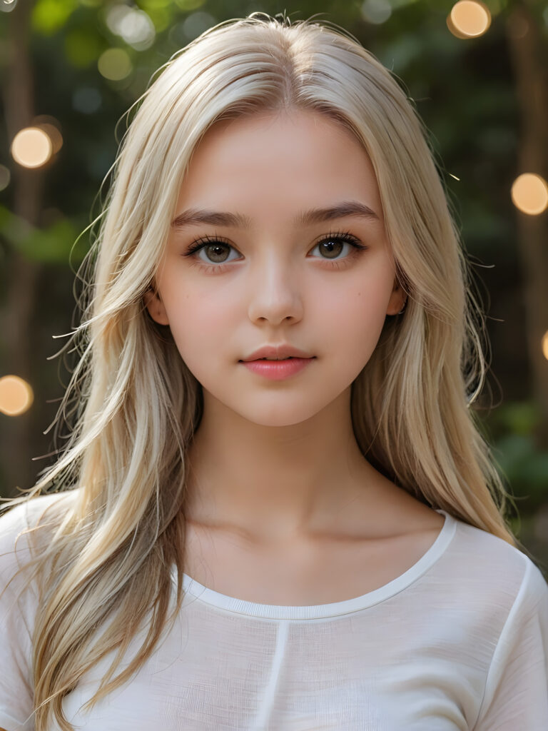 detailed and super realistic photo from the most enchanting and fascinating teen girl, 17 years old, with long, straight soft platinum hair. The hair covers her forehead. She is wearing a thin short white t-shirt which emphasizes her perfectly formed body, she looks seductively at the viewer and has kissable lips