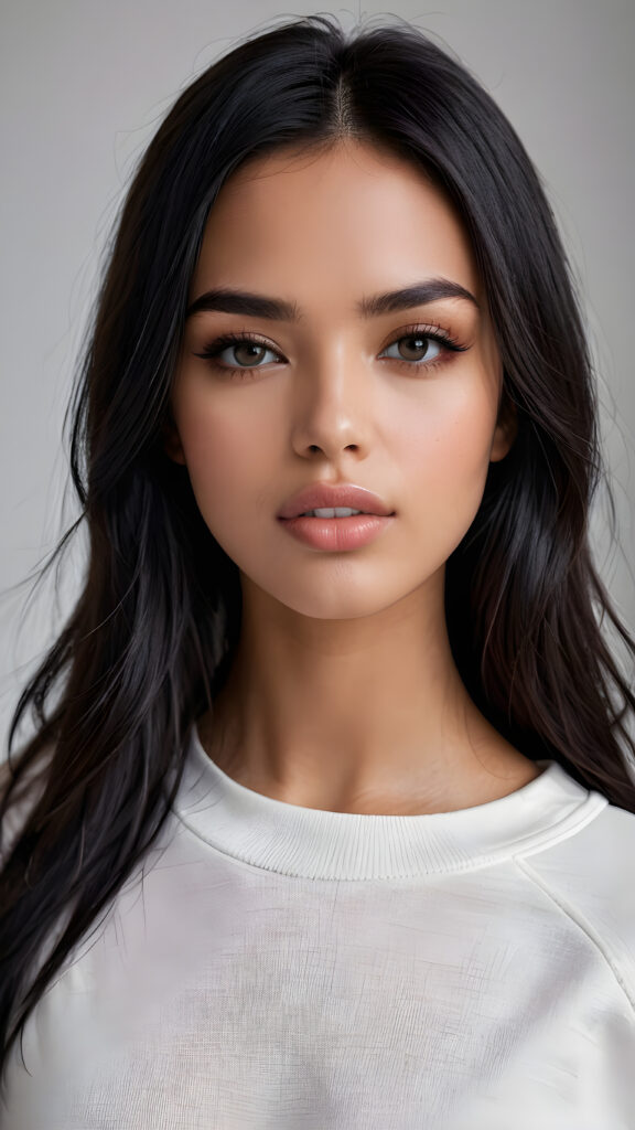 detailed and super realistic photo from a sad, young, beautiful young model girl with silky, smooth, shiny long straight soft obsidian black straight hair, beautiful deep black eyes, perfectly smooth flawless skin. She has full, plump kissable lips and a slightly open mouth with white teeth. She wears a tight, white plain sweatshirt, which emphasizes her perfectly shaped body, against a empty backdrop