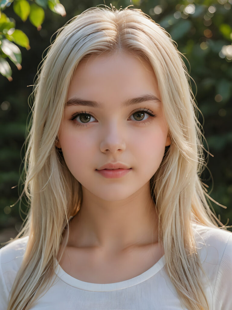 detailed and super realistic photo from the most enchanting and fascinating teen girl, 17 years old, with long, straight soft platinum hair. The hair covers her forehead. She is wearing a thin short white t-shirt which emphasizes her perfectly formed body, she looks seductively at the viewer and has kissable lips