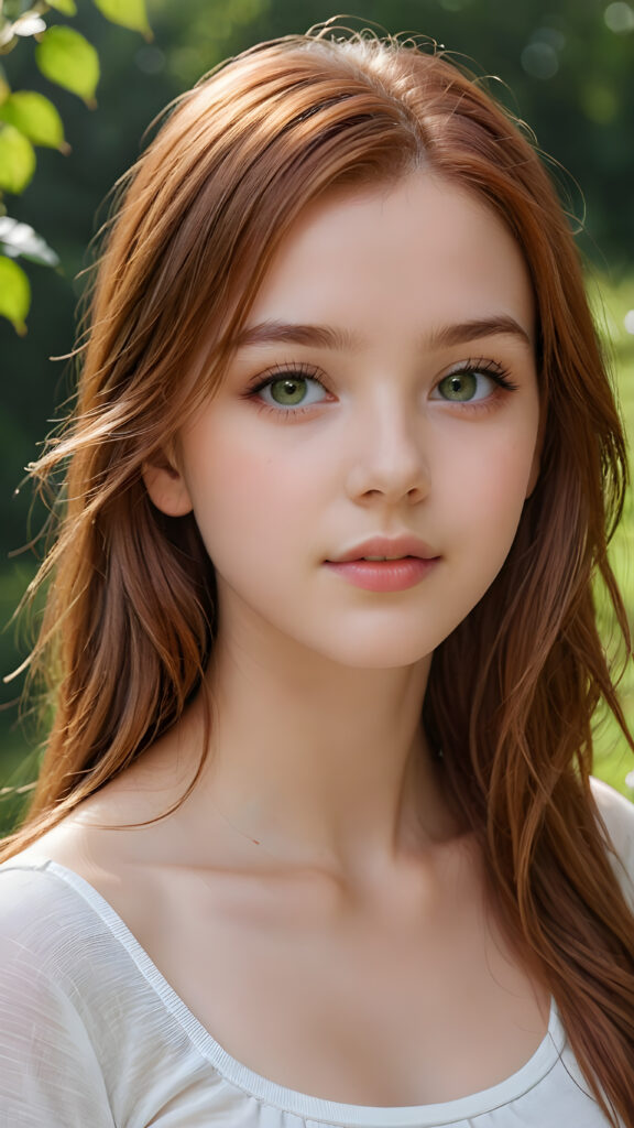 detailed and super realistic photo from the most enchanting and fascinating teen girl, with long, straight soft auburn-red hair and light green eyes, the hair covers her forehead, she is wearing a thin short white t-shirt which emphasizes her perfectly formed body, she looks seductively at the viewer and has kissable lips, natural backdrop