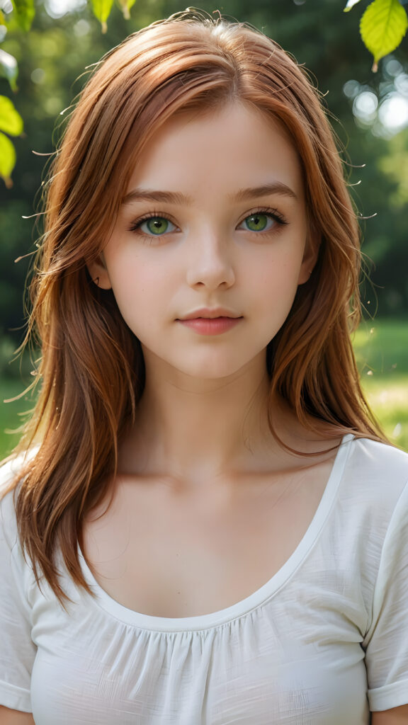 detailed and super realistic photo from the most enchanting and fascinating teen girl, with long, straight soft auburn-red hair and light green eyes, the hair covers her forehead, she is wearing a thin short white t-shirt which emphasizes her perfectly formed body, she looks seductively at the viewer and has kissable lips, natural backdrop