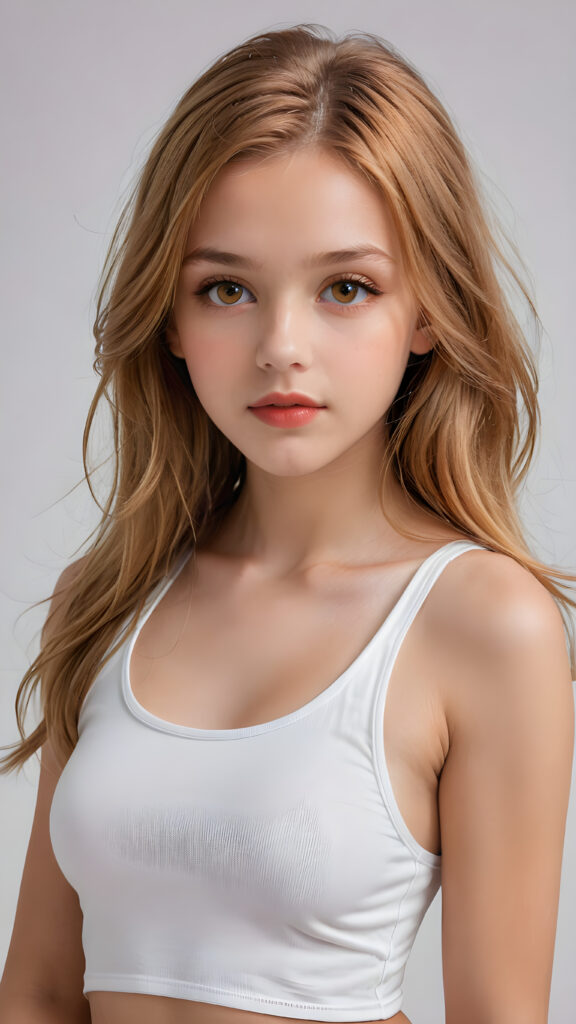 detailed and super realistic photo from the most enchanting and fascinating teen model girl, 13 years old, with ((long, straight soft copper blonde hair)) and ((realistic amber eyes)), the hair covers her forehead, she is wearing a ((thin short crop white tank top)) which emphasizes her perfectly formed body, she looks seductively at the viewer and has beautiful (red lips) ((minimal backdrop))