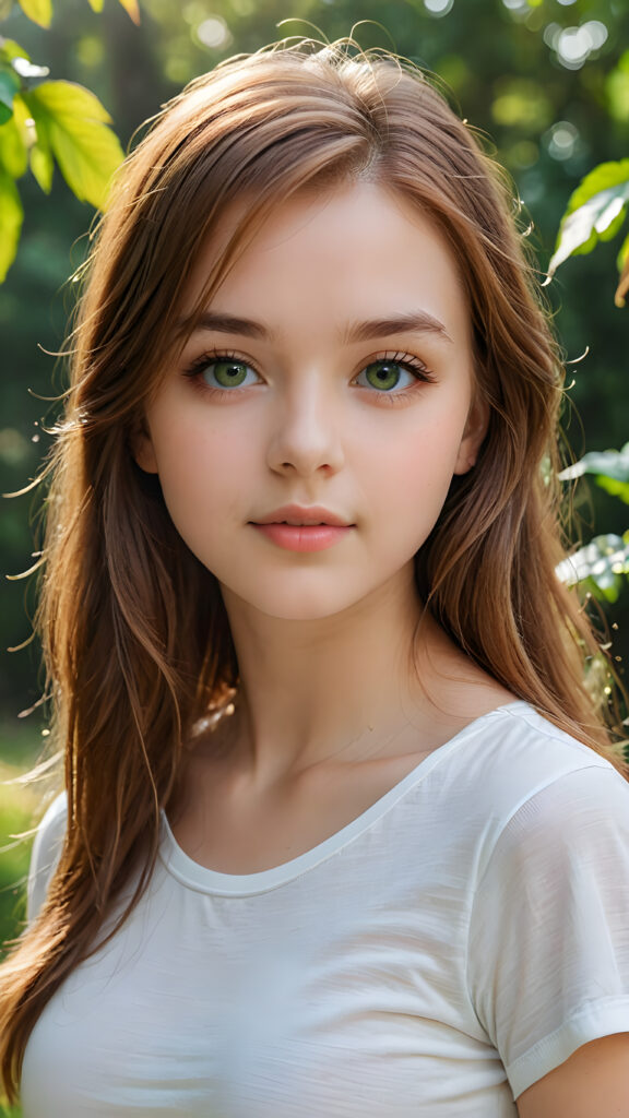 detailed and super realistic photo from the most enchanting and fascinating teen girl, 17 years old, with long, straight soft auburn hair and light green eyes, the hair covers her forehead, she is wearing a thin short white t-shirt which emphasizes her perfectly formed body, she looks seductively at the viewer and has kissable lips, natural backdrop