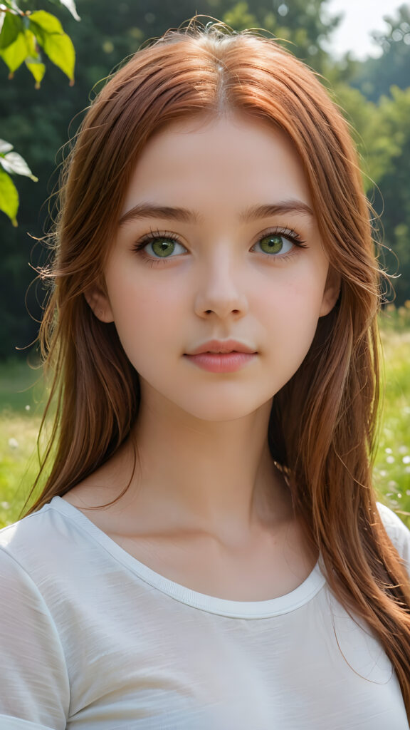 detailed and super realistic photo from the most enchanting and fascinating teen girl, with long, straight soft auburn-red hair and light green eyes, the hair covers her forehead, she is wearing a thin short white t-shirt which emphasizes her perfectly formed body, she looks seductively at the viewer and has kissable lips, natural backdrop