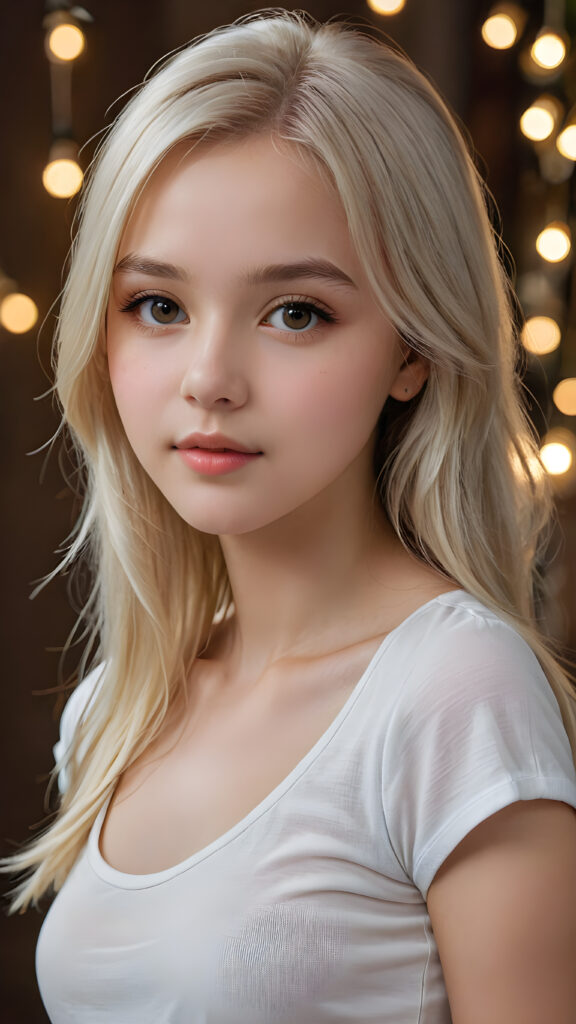 detailed and super realistic photo from the most enchanting and fascinating teen girl, 17 years old, with long, straight soft platinum hair. The hair covers her forehead. She is wearing a thin short white t-shirt which emphasizes her perfectly formed body, she looks seductively at the viewer and has kissable lips