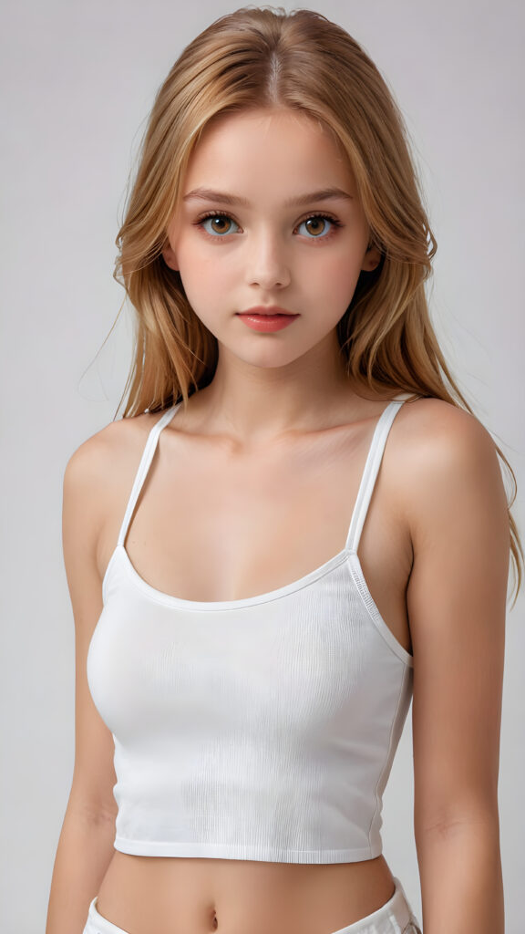 detailed and super realistic photo from the most enchanting and fascinating teen model girl, 13 years old, with ((long, straight soft copper blonde hair)) and ((realistic amber eyes)), the hair covers her forehead, she is wearing a ((thin short crop white tank top)) which emphasizes her perfectly formed body, she looks seductively at the viewer and has beautiful (red lips) ((minimal backdrop))