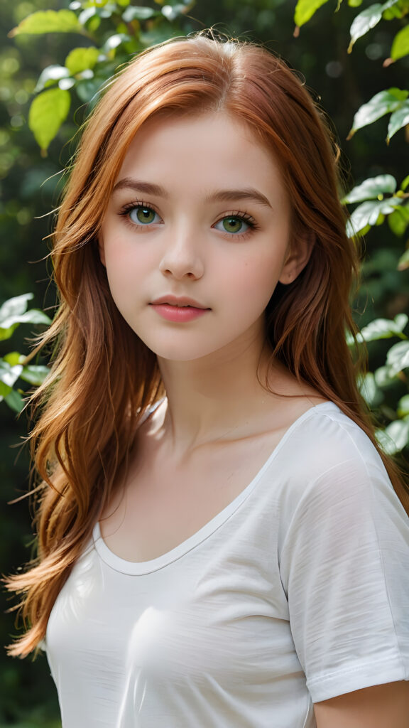 detailed and super realistic photo from the most enchanting and fascinating teen girl, with long, straight soft auburn-red hair and light green eyes, the hair covers her forehead, she is wearing a thin short white t-shirt which emphasizes her perfectly formed body, she looks seductively at the viewer and has kissable lips, natural backdrop