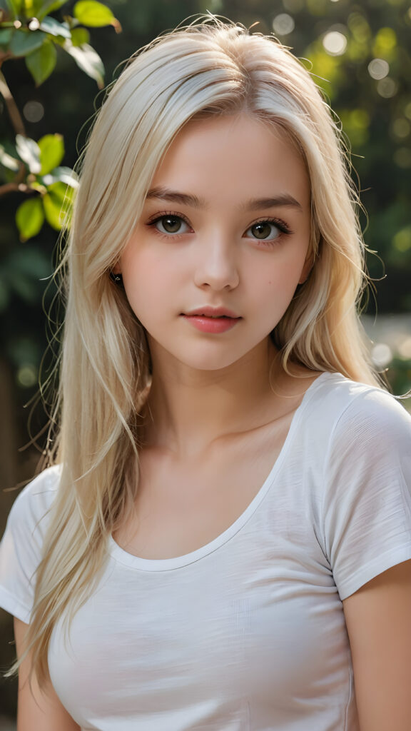 detailed and super realistic photo from the most enchanting and fascinating teen girl, 17 years old, with long, straight soft platinum hair. The hair covers her forehead. She is wearing a thin short white t-shirt which emphasizes her perfectly formed body, she looks seductively at the viewer and has kissable lips