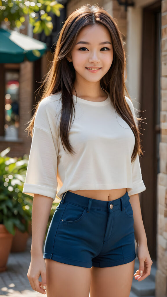 detailed and super realistic photo: a teen girl, perfect curved body, ultra realistic face, ((detailed (straight soft hair))), round super short pants, photo with beautiful saturation, ultra high resolution, deep shadow, (best quality, masterpiece), highly detailed, looking at viewer, warm smile, masterpiece, ((full body view)) ((cute)) ((elegant)) ((attractive)) ((female model)) ((stunning))