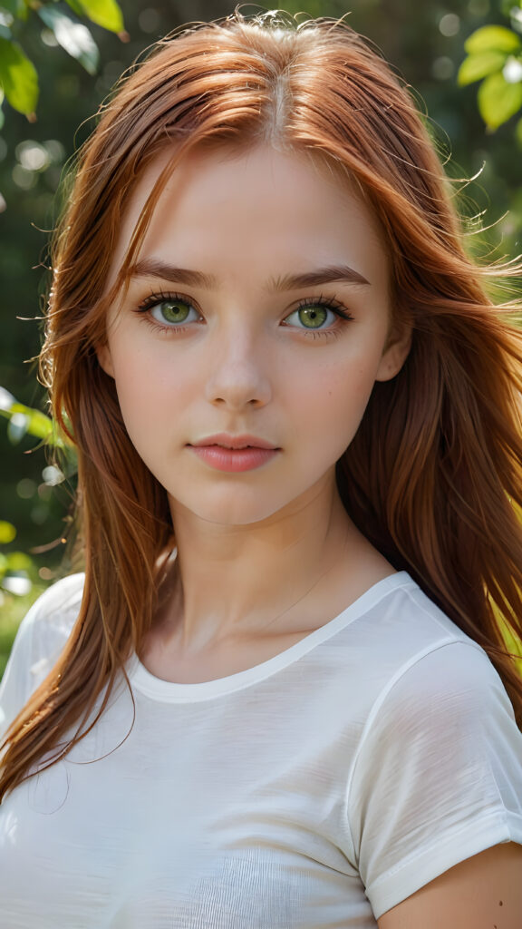 detailed and super realistic photo from the most enchanting and fascinating teen girl, with long, straight soft auburn-red hair and light green eyes, the hair covers her forehead, she is wearing a thin short white t-shirt which emphasizes her perfectly formed body, she looks seductively at the viewer and has kissable lips, natural backdrop