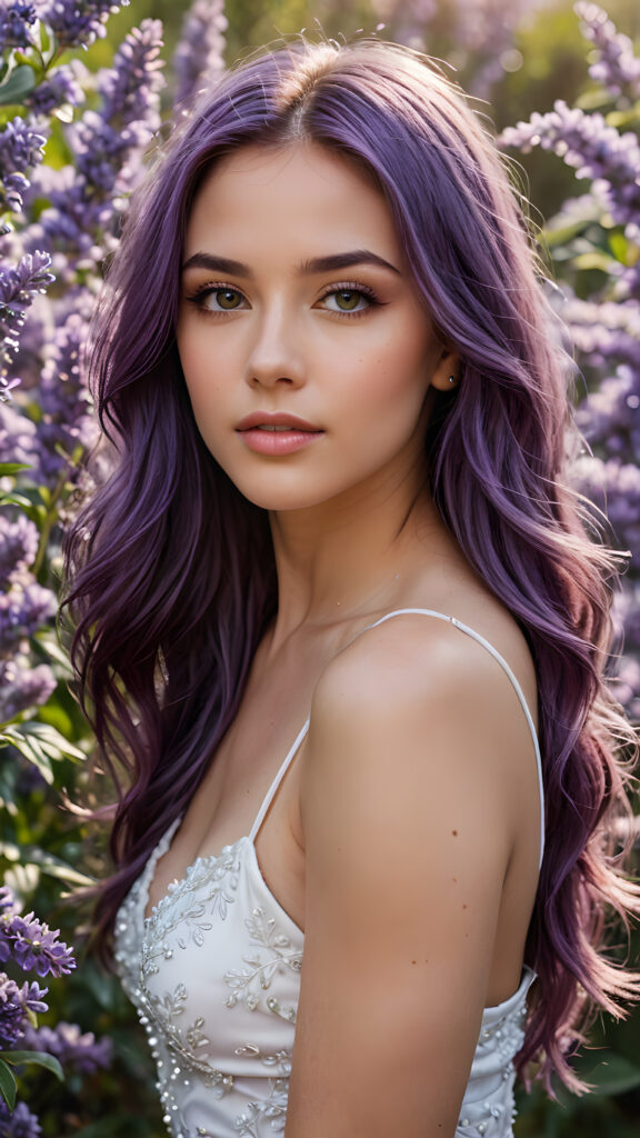 detailed and super realistic photo from a young, beautiful girl with ((long, straight jet soft purple hair)) and delicate, (natural looking) light makeup, contrasted against a background of (lavender flowers and petals). The image exudes an elegant and noble aesthetic, reminiscent of a scene from a fantasy romance film, where the character's face and dress are perfectly captured, with (accurate anatomy) and (hyper-detailed features) that convey a sense of natural beauty and sophistication, she has beautiful deep black eyes and perfectly smooth flawless skin. She has full, plump kissable lips and a slightly open mouth with white teeth. She wears a tight, white plain tank top, which emphasizes her perfectly shaped body