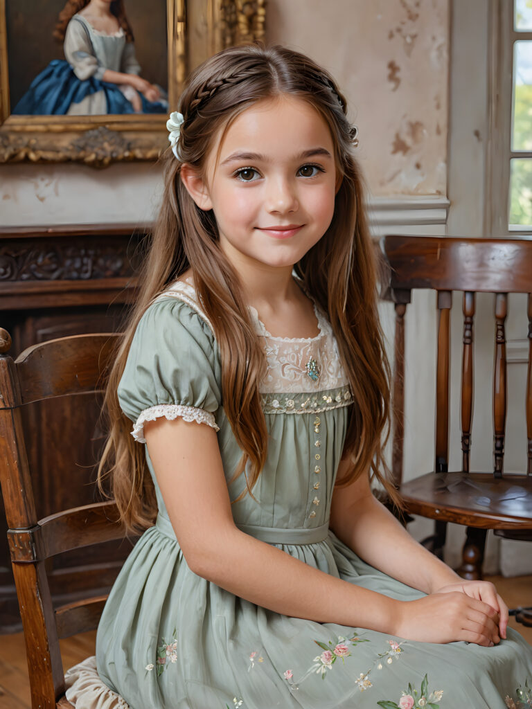 ((detailed painting)) a young cute girl, 12 years old, sits on a chair and looks sideways at the viewer. She has long, auburn straight hair and smiles slightly. The background shows an antique room from the 1800s. The girl is wearing a traditional thin dress from the 1800s. She has brown eyes.