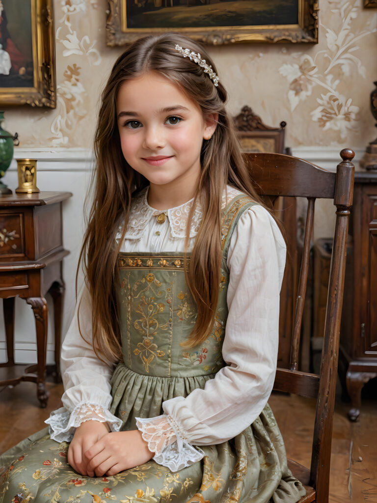 ((detailed painting)) a young cute girl, 12 years old, sits on a chair and looks sideways at the viewer. She has long, auburn straight hair and smiles slightly. The background shows an antique room from the 1800s. The girl is wearing a traditional thin dress from the 1800s. She has brown eyes.