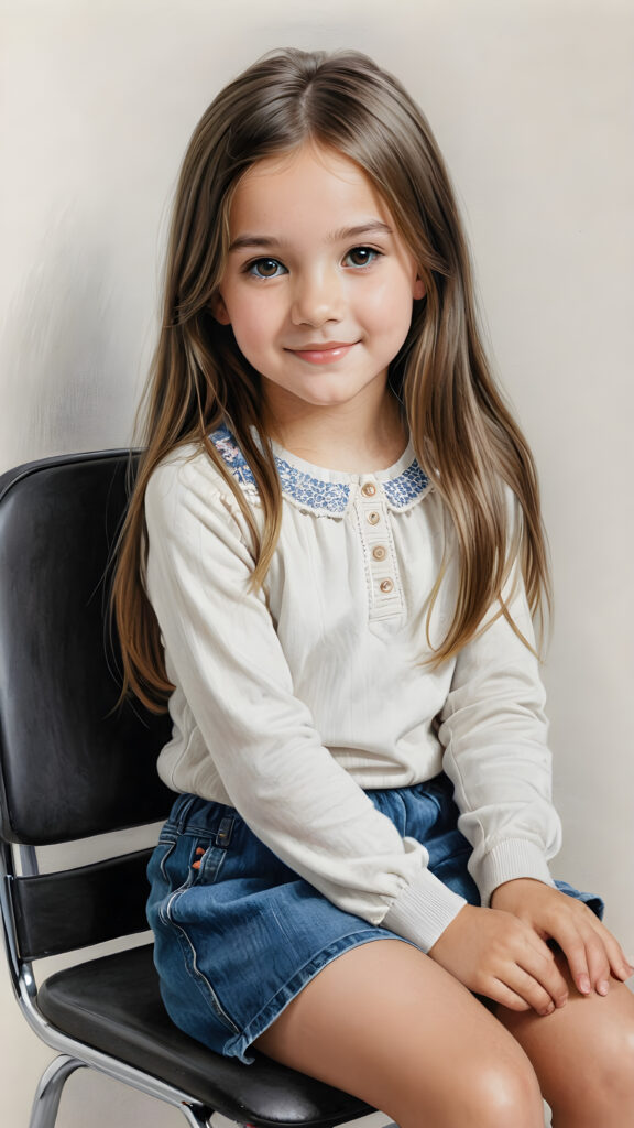 ((detailed pencil drawing)) a young cute girl, 12 years old, sits on a chair and looks sideways at the viewer. She has long, straight hair and smiles slightly