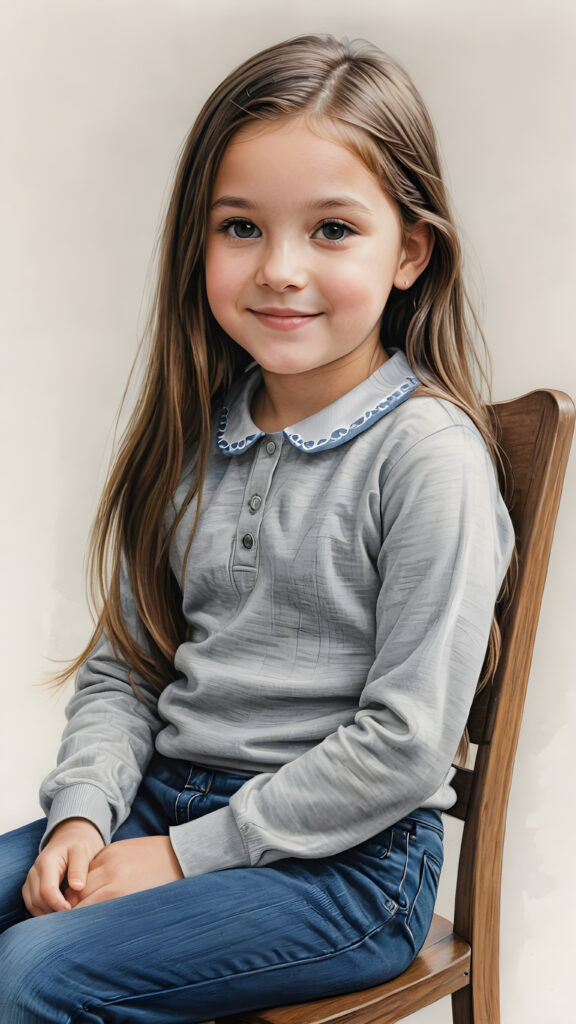 ((detailed pencil drawing)) a young cute girl, 12 years old, sits on a chair and looks sideways at the viewer. She has long, straight hair and smiles slightly