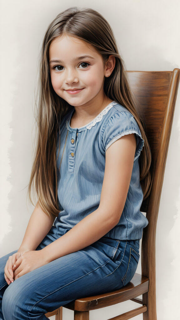 ((detailed pencil drawing)) a young cute girl, 12 years old, sits on a chair and looks sideways at the viewer. She has long, straight hair and smiles slightly