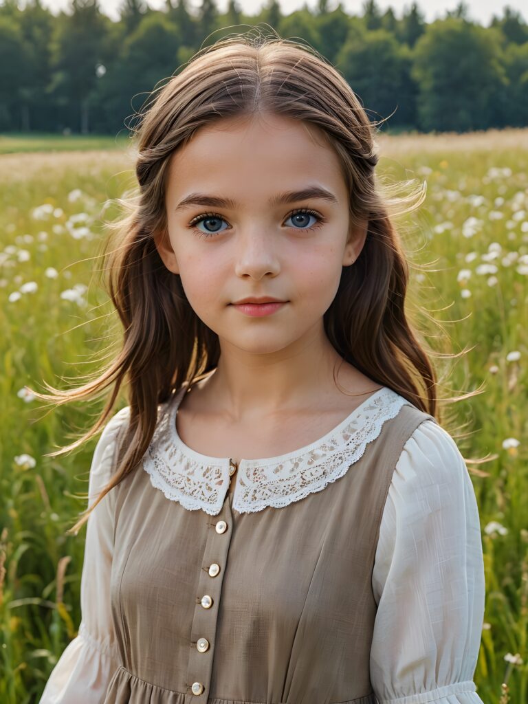 ((detailed perfect portrait)), young girl, 13 years old, stands in a meadow. She is dressed in classic 1800 style, she look at the viewer, detailed shiny straight brown hair, blue eyes, round detailed face, achieving an (8K resolution)