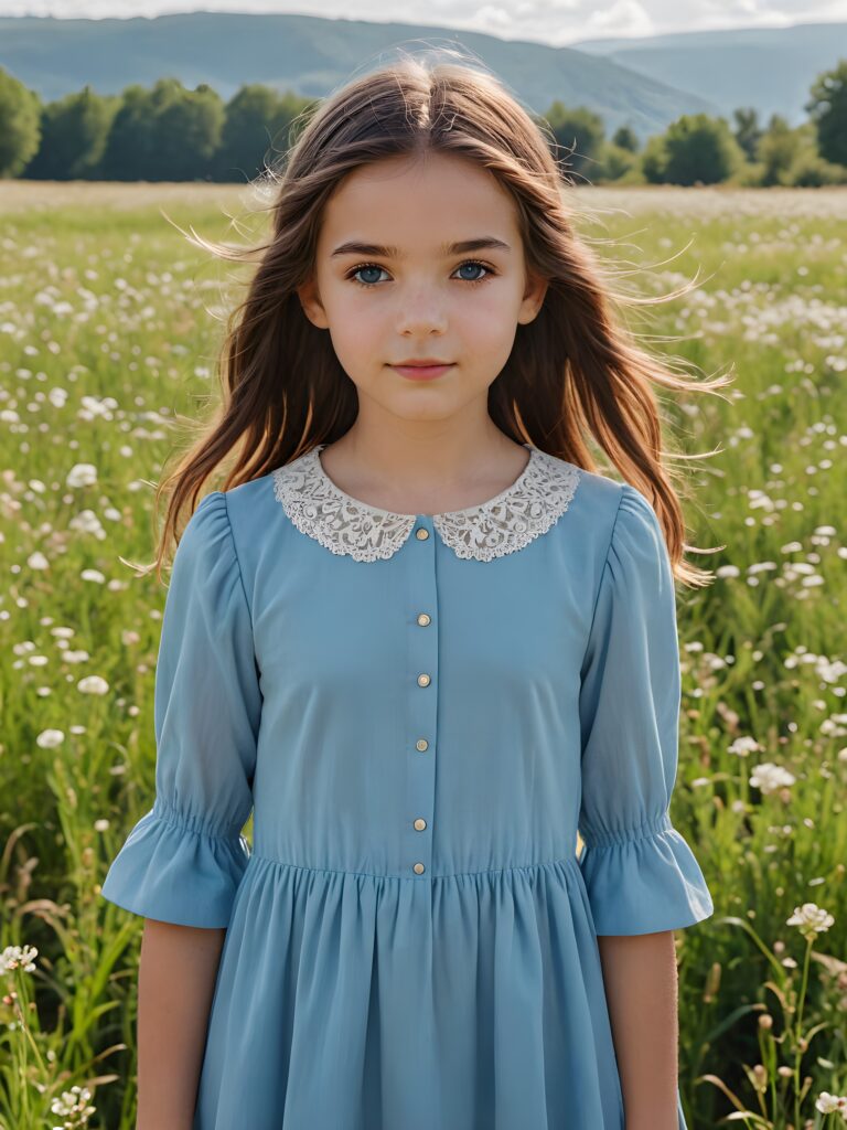 ((detailed perfect portrait)), young girl, 13 years old, stands in a meadow. She is dressed in classic 1800 style, she look at the viewer, detailed shiny straight brown hair, blue eyes, round detailed face, achieving an (8K resolution)