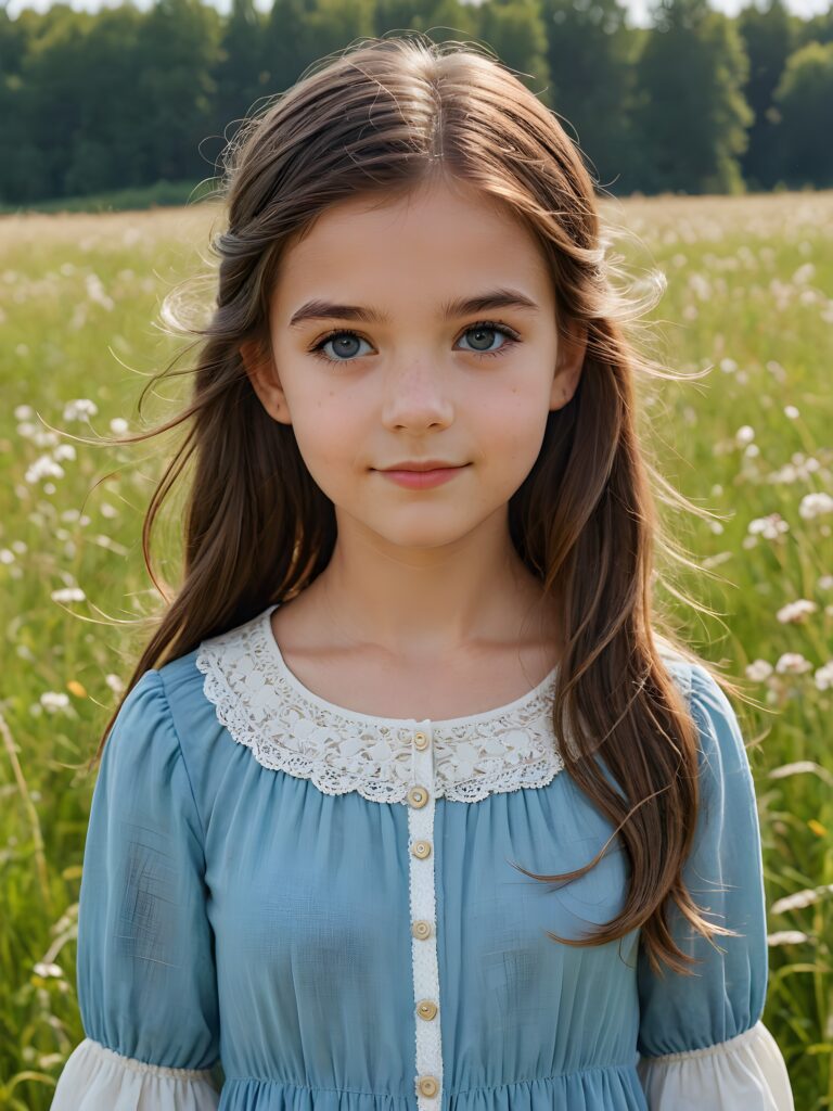 ((detailed perfect portrait)), young girl, 13 years old, stands in a meadow. She is dressed in classic 1800 style, she look at the viewer, detailed shiny straight brown hair, blue eyes, round detailed face, achieving an (8K resolution)