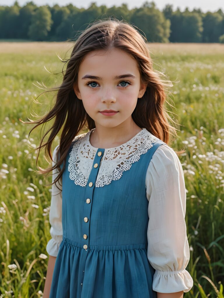 ((detailed perfect portrait)), young girl, 13 years old, stands in a meadow. She is dressed in classic 1800 style, she look at the viewer, detailed shiny straight brown hair, blue eyes, round detailed face, achieving an (8K resolution)