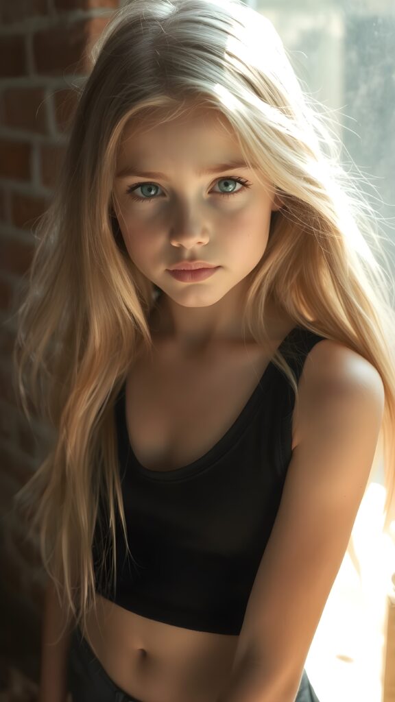 detailed photo from a young girl, wearing black tight cropped tank top with a deep v-neck, flowing long blond hair shine with bright light, against the background of a brick wall