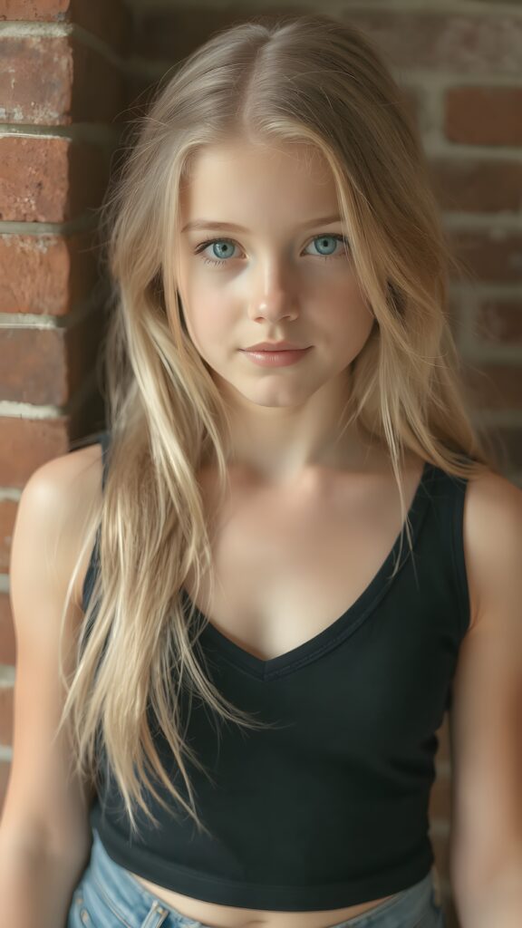 detailed photo from a young girl, wearing black tight cropped tank top with a deep v-neck, flowing long blond hair shine with bright light, against the background of a brick wall