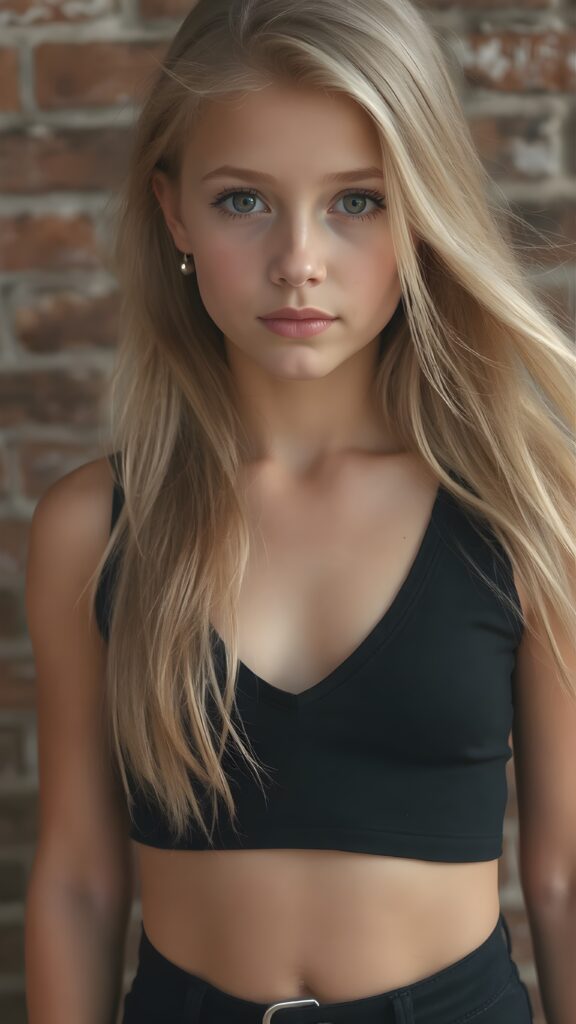 detailed photo from a young girl, wearing black tight cropped tank top with a deep v-neck, flowing long blond hair shine with bright light, against the background of a brick wall