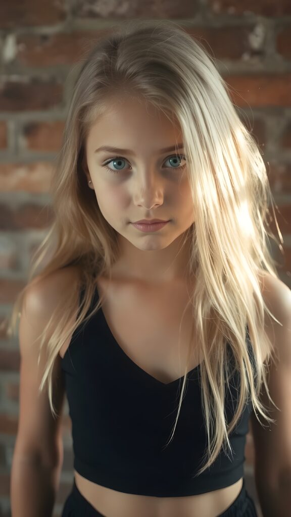 detailed photo from a young girl, wearing black tight cropped tank top with a deep v-neck, flowing long blond hair shine with bright light, against the background of a brick wall