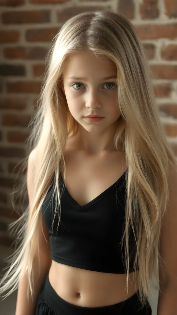 detailed photo from a young girl, wearing black tight cropped tank top with a deep v-neck, flowing long blond hair shine with bright light, against the background of a brick wall